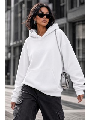 Oksit Bery Kadın Iki Iplik Şardonlu Oversize Kapüşonlu Basic Sweatshirt | Kanguru Cepli Düz Renk Günlük Hoodie