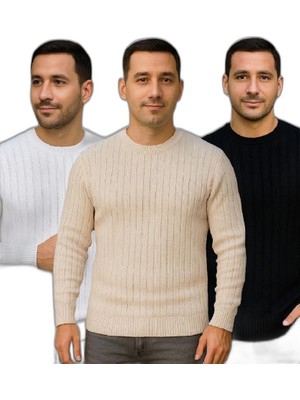 Zamerya Erkek Fitilli Triko Kazak 3’lü Set Bej Beyaz Siyah | Kalın Dokuma Pamuklu Regular Fit