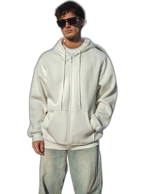 Zamerya Erkek Tam Fermuarlı Cepli Kapüşonlu 3 Iplik Pamuklu Hoodie Sweatshirt - Beyaz