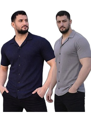 Zamerya Erkek Waffle Kumaş Açık Yakalı Düğmeli Regular Fit Gömlek 2’li Set Lacivert-Gri