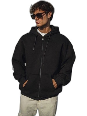Zamerya Erkek Tam Fermuarlı Cepli Kapüşonlu 3 Iplik Pamuklu Hoodie Sweatshirt - Siyah