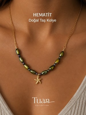 Tuan Collection Hematit Kolye Arpa Kesim Metalik Yıldız Detay Zihinsel Odaklanmayı Artırma Kolye Doğal Taş