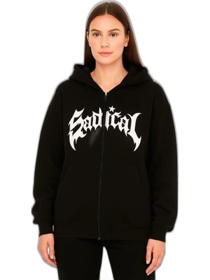 Zamerya Kadın Kapüşonlu 3 Iplik Şardonlu Önü Baskılı Fermuarlı Oversize Sweatshirt - Siyah
