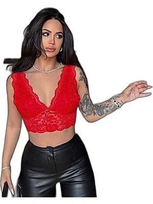 Zamerya Kadın Dantel Bralet Crop Sütyen V Yaka Askılı Şık Esnek Rahat - Kırmızı