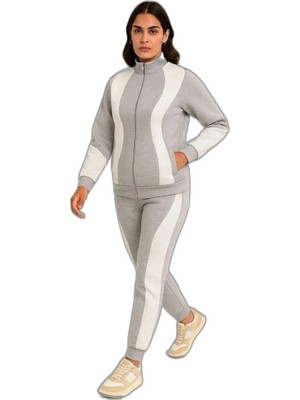 Zamerya Kadın Premium Parçalı Eşofman Alt-Üst Takım - Dik Yaka Fermuarlı Sweatshirt - Gri