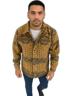 Zamerya Erkek Düğmeli Gömlek Polar Sweatshirt Yumuşak Dokulu Oversize Kalıp -Sarı