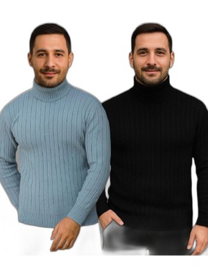 Zamerya Erkek Fitilli Kazak Tam Boğazlı Balıkçı Yaka Triko 2'li Set Bebek Mavisi-Siyah