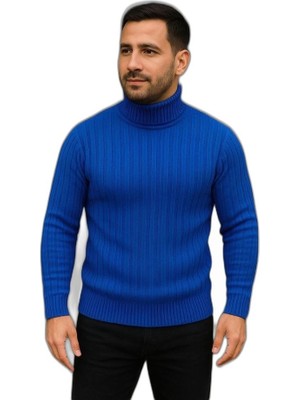 Zamerya Erkek Tam Boğazlı Balıkçı Yaka Triko Kazak Kalın Fitilli - Saks Mavisi
