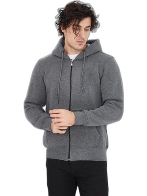 Zamerya Erkek 3 Iplik Pamuklu Fermuarlı Kapüşonlu Kanguru Cepli Hoodie Hırka Sweatshirt - Füme