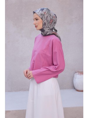 Belli Fresh Çiçek Desen Gri Pudra Lila Vual Eşarp 1687 - 11