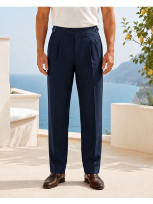 Danger Erkek Viskon Karışımlı Yan Tokalı Pileli Baggy Pantolon Lacivert 0171DNGR