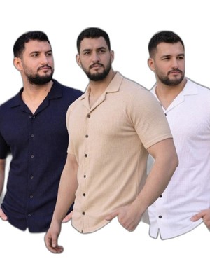 Zamerya Erkek Waffle Kumaş Yakalı Kısa Kol Düğmeli Gömlek 3’lü Set Bej-Beyaz-Lacivert