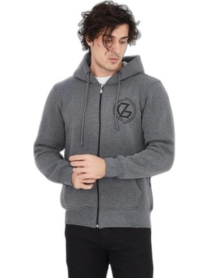 Zamerya Erkek 3 Iplik Pamuklu Fermuarlı Kapüşonlu Kanguru Cepli Baskılı Hoodie Hırka Sweatshirt - Füme
