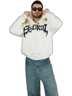 Zamerya Erkek Kapüşonlu 3 Iplik Şardonlu Önü Baskılı Fermuarlı Oversize Sweatshirt - Beyaz