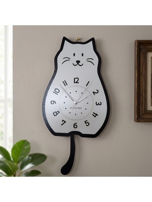 Doalino Sallanan Kuyruklu Kedi Figürlü Premium Ahşap Duvar Saati