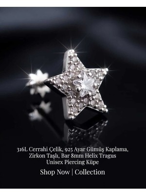 Begonia Accessories 316L Cerrahi Çelik Gümüş Kaplama Kararmaz Alerji Yapmaz Zirkon Taş Figür Unisex Tragus Helix Küpe PIERCING-178-4