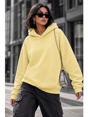 Oksit Bery Kadın Iki Iplik Şardonlu Oversize Kapüşonlu Basic Sweatshirt | Kanguru Cepli Düz Renk Günlük Hoodie