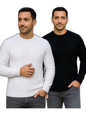 Zamerya Erkek Fitilli Triko Kazak 2’li Set Siyah Beyaz Kalın Dokuma Pamuklu Regular Fit Bisiklet