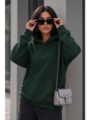 Oksit Bery Kadın Iki Iplik Şardonlu Oversize Kapüşonlu Basic Sweatshirt | Kanguru Cepli Düz Renk Günlük Hoodie