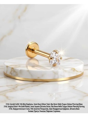 Begonia Accessories 316L Cerrahi Çelik Altın Kaplama Kararmaz Alerji Yapmaz Zirkon Taş Figür Unisex Tragus Helix Küpe PIERCING-178-28