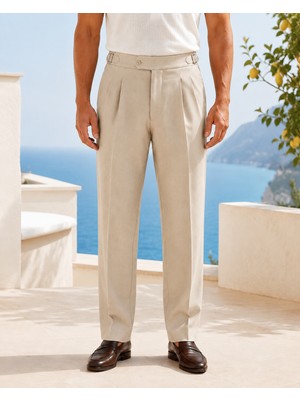 Danger Erkek Viskon Karışımlı Yan Tokalı Pileli Baggy Pantolon Bej 0171DNGR