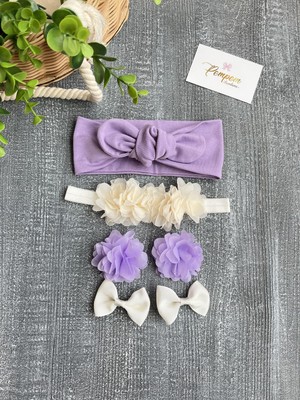 Pempem Bandana Kız Bebek Mor Krem Renkli Bandana Toka Seti