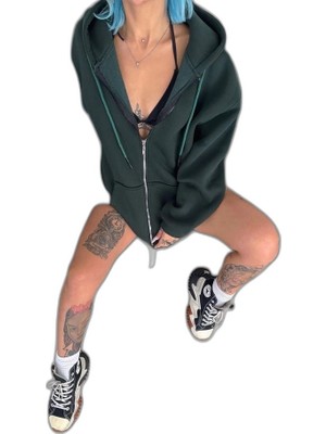 Zamerya Kadın 3 Iplik Pamuklu Kapüşonlu Kanguru Cepli Baskılı Oversize Hoodie Sweatshirt - Haki