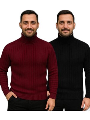 Zamerya Erkek Fitilli Kazak Tam Boğazlı Balıkçı Yaka Triko 2'li Set Bordo-Siyah