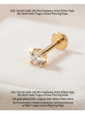 Begonia Accessories 316L Cerrahi Çelik Altın Kaplama Kararmaz Alerji Yapmaz Zirkon Taş Figür Unisex Tragus Helix Küpe PIERCING-178-16