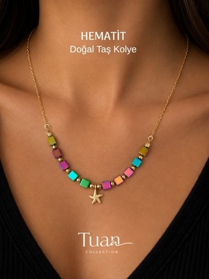 Tuan Collection Hematit Kare Kesim Yıldız Detaylı Doğal Taş Kolye Metalik Hematit