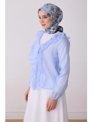 Belli Fresh Yaprak Desen Mavi Paulista Eşarp 3487 - 15