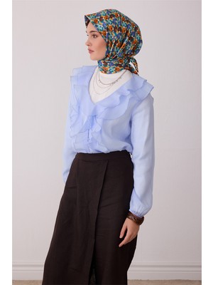 Belli Mavi Geometrik Desen %100 Twill Ipek Eşarp 4402-31