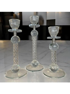Peramari Dekoratif Kristal Cam Üçlü Ince Uzun Metal Şamdan Gümüş Beyaz 27X7X22