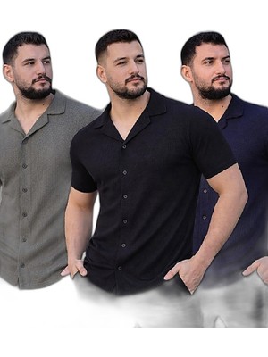 Zamerya Erkek Waffle Kumaş Yakalı Kısa Kol Düğmeli Gömlek 3’lü Set Siyah-Haki-Lacivert