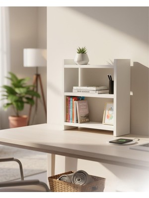 Masa Üstü Kitaplık Rafı, Beyaz, Suntalam, 43,6 x 18 x 50 Cm, Modern Stil, 2 Raflı Mini Dolap