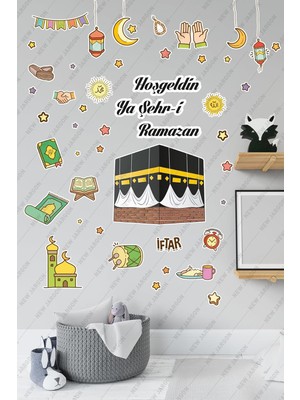 Hoşgeldin Ya Şehri Ramazan Yazılı Ramazan Duvar Sticker Seti, Kabe ve Renkli Islami Figürler, Cam Duvar Kapı Dekorasyon, 50 Parça