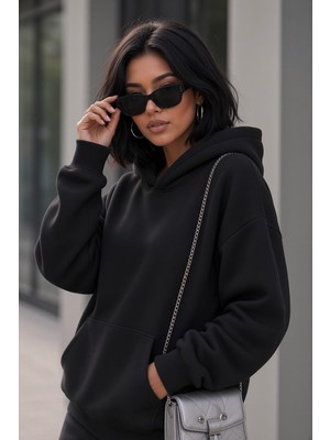 Oksit Bery Kadın Iki Iplik Şardonlu Oversize Kapüşonlu Basic Sweatshirt | Kanguru Cepli Düz Renk Günlük Hoodie