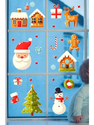 Yılbaşı Pencere Sticker Seti, Noel Temalı Kendinden Yapışkanlı Duvar Çıkartmaları, Çocuk Odası ve Vitrin Süslemeleri (Karlı Evler ve Çam Ağacı)