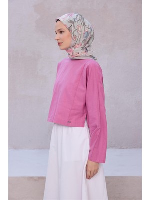 Belli Fresh Çiçek Desen Gri Pembe Mavi Vual Eşarp 1687 - 36