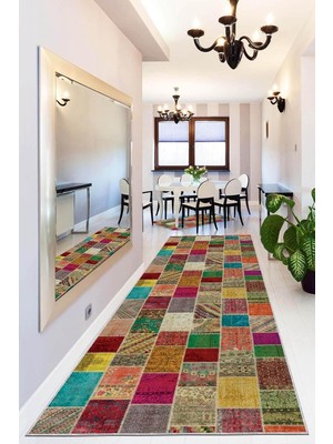 Kaymaz Tabanlı Kesme Rulo Yolluk Renkli Patchwork AR320, Turuncu, 80 x 300