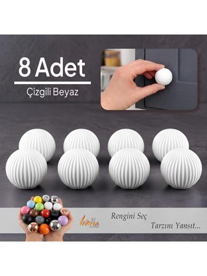 8 Adet Sert Plastik Düğme Yuvarlak Top Çizgili Beyaz Dolap Mobilya Mutfak Dolabı Çekmece Kulbu Kulpu Kulplar