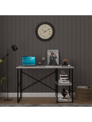 Asra Trend Kül Gri METALÇM01 Raflı Metal Çalışma Masası 120X60 cm 2 Katlı Yan Raflı Bilgisayar Masası Endüstriyel x Çapraz Destekli Modern Ofis MASASI%100 Mdflam
