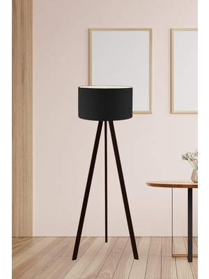 Bohhem Art Tripod Ahşap Ayaklı Lambader Köşe Lambası Siyah Kumaş Dark Siyah