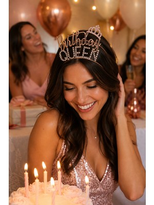 Dodomar Birthday Queen Metal Taşlı Saç Tacı Rose Gold Doğum Günü Parti Kostüm ve Fotoğraf Aksesuarı