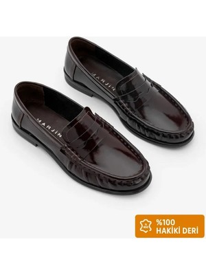 Marjin Kadın Hakiki Deri Oval Burun Makosen Dikişli Büzgülü Loafer Günlük Ayakkabı Ozena Bordo Rugan