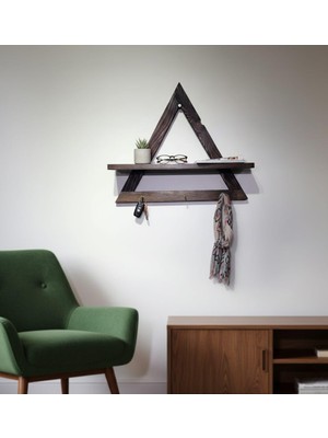 Trinova Üçgen Ahşap Duvar Rafı, Modern Minimalist Tasarım, Masif Ahşap, Koyu Ceviz Rengi, Metal Askılıklı, 50X44X10 cm