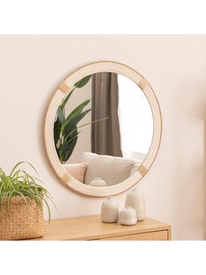 Dfn Wood Beyaz Halatlı Yuvarlak Dekoratif Duvar Salon Banyo Aynası 100 cm Çap