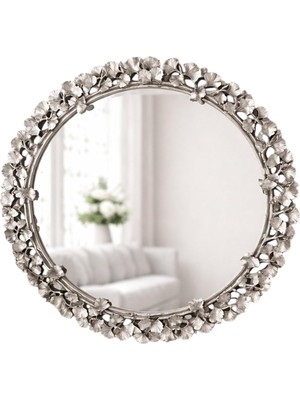 Dekoratif Duvar Aynası Yuvarlak – Modern Çiçek Desenli Çerçeve, 43 Cm, Salon Antre Banyo Için Şık Ayna (Gümüş)