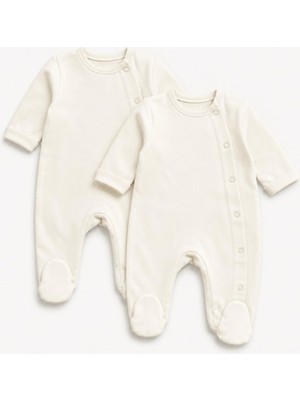 2'li Yenidoğan Bebek Tulumu, 0-3 Ay Unisex Ekru Organik Pamuk Patikli Tulum Seti