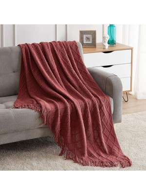 Örtü Battaniye Dokulu Düz Yumuşak Kanepe Örtüsü Örgü Dekoratif Battaniye, 127 cm x 152 cm Bordo